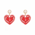 Chic gold earrings with white pearl studs and red enamel heart pendants featuring fruit patterns - Red