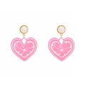 Pink heart drop earrings with pearl studs and sweet citrus fruit pattern design - Pink