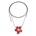 Vintage Halskette mit roter Blume und Perle an einer schwarzen Kordel für Damen - Roter Blumenstil (A)