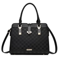 Grote zwarte dames shopper met dambord reliëf en goudkleurige metalen accenten - Zwart