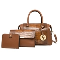 Brown 3-piece women's handbag set with embossed leather and gold 'F' pendant - Brown