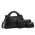 Ensemble 3 pièces noir avec sac à main gaufré crocodile, pochette et porte-cartes - Noir