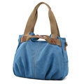 Blue canvas tote bag with brown handles and durable stitching in a minimalist design - Blue