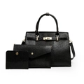 Ensemble 3 pièces en cuir noir gaufré avec grand sac cabas, pochette et portefeuille - Noir