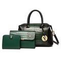 Three-piece set of dark green crocodile embossed handbag with F-pendant and shoulder strap - Green