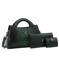 Dark green crocodile pattern handbag set with three pieces including envelope clutch and purse - Green