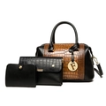 Three-piece black and brown faux crocodile leather handbag set with metal pendant - Black