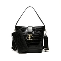 Conjunto de bolso y cartera negro con efecto cocodrilo y correa ancha de metal - Negro
