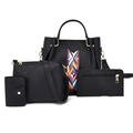 Schwarzes 4er-Set Handtaschen mit Litschi-Textur und bunten geometrischen Trägern - Schwarz