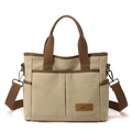 Bolso tote de lona caqui minimalista con asas marrones y correa de hombro - Caqui
