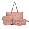 Set 4 pezzi di borse in ecopelle rosa cipria con trama litchi e dettagli in oro - Borsa Tote E Borsa A Tracolla E Portafoglio E Porta Carte / Rosa