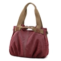 Vintage burgundy canvas tote bag with khaki handles and thick textured fabric - Purple