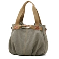 Army green large canvas tote bag with brown handles and stylish double yellow stitching - Army Green
