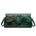 Sac carré vintage vert foncé gaufré avec motif lotus et bandoulière réglable - Poisson Long Vert