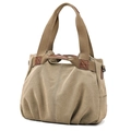 Khaki canvas tote bag with brown faux leather trim and wide fabric handle - Light Khaki