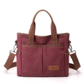 Bolso tote minimalista de lona burdeos con correas marrones y gran capacidad - Morado