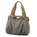 Dark grey canvas tote bag with khaki straps and brown faux leather handle detail - Dark Khaki