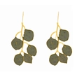 Handcrafted long gold leaf earrings with dark green hand-painted enamel floral accents - Style A (Green Leaf)
