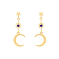 Exaggerated golden star and moon drop earrings with blue crystal accents for women - Gold