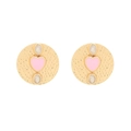 Boucles d'oreilles rondes dorées martelées avec cœur en émail rose et détails en perles - Rose + Blanc