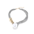 Collar de malla plateada con una gran perla blanca y tres cuentas doradas pulidas - Malla Gris Plateada (Blanco K)