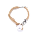 Elegante collar de malla dorada con cuentas metálicas plateadas y una gran perla blanca - Malla Dorada