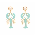 Close-up of enamel lobster drop earrings with gold accents and faux pearl studs - Lake Blue