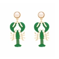 Detailed view of green enamel lobster earrings with gold edges and faux pearls - Dark Green