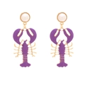 Detail of purple lobster earrings with gold metal frame and white pearl accents - Purple