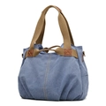Blue canvas tote bag with brown straps and side metal hooks in a minimalist casual style - Haze Blue