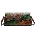 Sac à bandoulière vintage avec motifs de carpe koi et lotus en cuir marron gaufré - Poisson Rouge