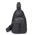 Bolso de pecho retro en cuero lavado negro con tres bolsillos de cremallera y asa - Negro