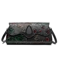 Black ethnic shoulder bag with colorful embossed koi and lotus floral patterns - Grey Fish