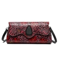 Vintage red and black floral embossed shoulder bag with premium leather texture and flap - Red Peony
