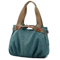 Large dark teal canvas tote bag with brown straps and stylish orange stitching - Lake Blue