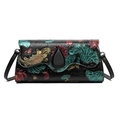 Ethnic crossbody bag in black leather featuring golden koi and red lotus embossed pattern - Goldfish