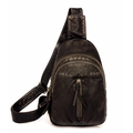 Bolso de pecho minimalista en cuero PU negro con múltiples bolsillos con cremallera para mujer - Bronce Lavado