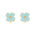 Detail of light blue enamel flower earrings with gold-toned metal petals and stamens - Lake Blue