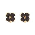 Detail shot of black enamel flower earrings with golden core and leaf accent - Black