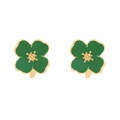 Detail view of green enamel four-leaf clover earrings with golden floral center accents - Green