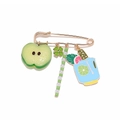 Gold safety pin brooch with green apple, clover, and blue summer drink charms - Summer Drink Style (A)