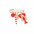 Broche épingle dorée avec breloques homard, hippocampe et fleur de rose rouge - Style Thème Marin Homard et Hippocampe (A)