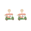 Green enamel golf cart earrings with white pearl flower studs and gold-plated details - Multicolor (Main Color)