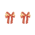 Elegant gold bow earrings with red enamel and sparkling crystal inlay on white background - Red