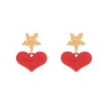 Golden textured star and red heart dangle earrings in a retro sweet fashion style - Red