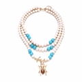 Three-layer bohemian beaded necklace featuring turquoise accents and a gold beetle pendant - Creamy White + Sky Blue (A)