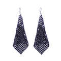 Macro shot of long black sequin mesh fringe earrings with metallic diamond-shaped design - Black