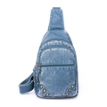 Sac de poitrine bleu en cuir PU lavé avec fermetures éclair vintage et rivets - Bleu lac