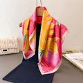 Elegant silk scarf with pink and yellow sunflower patterns shown on a dress - Sunflower Pink Style (FG105-2)