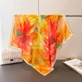 Elegant silk-like scarf featuring bold red and yellow floral prints on a display stand - Sunflower Beige Border Style (FG105-3)